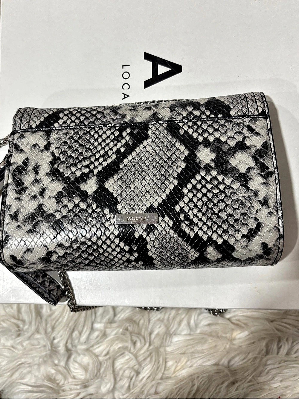 Aldo Snake Print Chain Clutch in Black & Gray